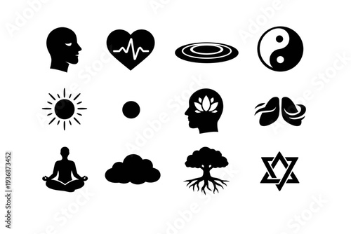 Inner Calm. Solid icon set of Inner Calm: calm face profile, steady heartbeat, smooth water ripple, balanced circle, gentle light, centered dot, quiet mind