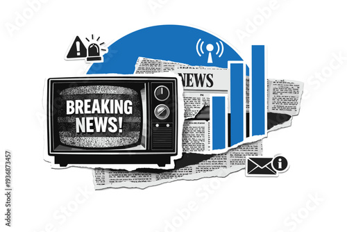 Black and white vintage TV screen and newspaper fragments collaged together, representing breaking news moment, layered with blue semicircle and vertical