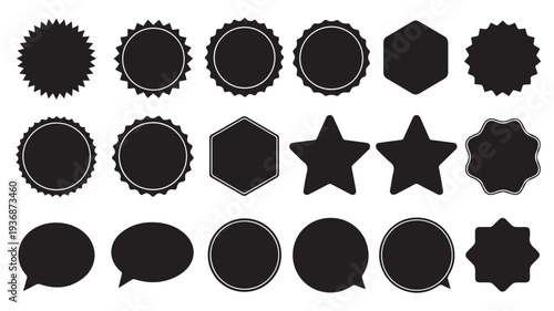 Vector Collection of Black Badges, Labels, and Speech Bubbles