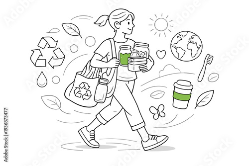 Zero Waste Lifestyle. Person carrying reusable bags, glass jars and simple containers, light motion suggesting mindful daily routine. Clean, conscious mood