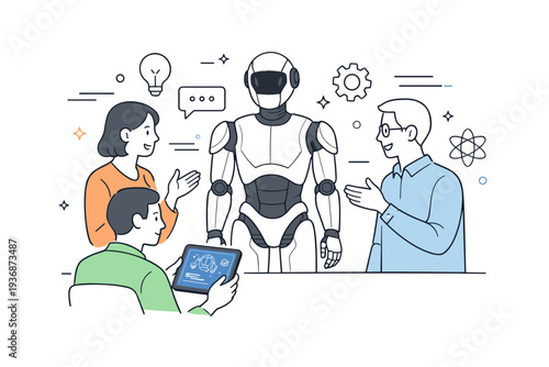 Robotics research collaboration. Researchers discussing a humanoid robot prototype beside a digital tablet, exchanging ideas in a calm focused atmosphere.