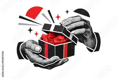 A black and white close-up of hands holding a wrapped gift slightly opened, layered paper-cut collage style with white contour, abstract ribbons transformed