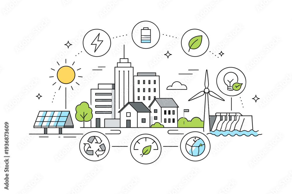 Fototapeta premium Smart energy and sustainability. Editorial illustration of city buildings connected to renewable energy sources, solar panels and energy icons showing balanced