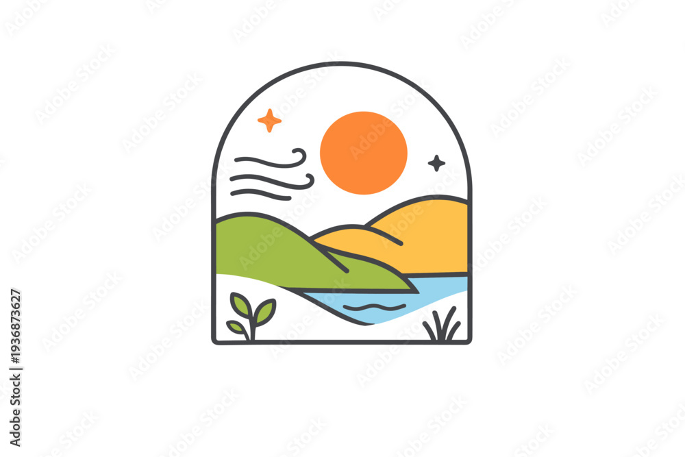 Fototapeta premium Wellness retreat vibes inspired by nature connection shown through a minimal landscape window with hills, sun, and gentle breeze lines, expressing grounding