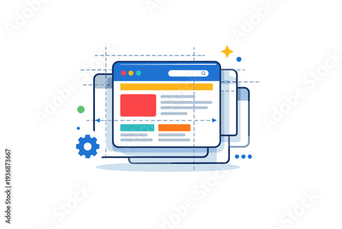 Web interface layouts presented as a compact badge with layered windows and alignment guides, highlighting structure, precision, and thoughtful digital design.