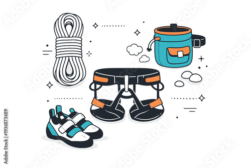Mountain climbing preparation scene. Rope, chalk bag, harness, and shoes arranged neatly from top view, suggesting readiness for outdoor adventure. Calm,
