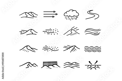 Desert Movement. Line icon set of Desert Movement: rolling sand dune, wind direction arrows, sandstorm cloud, desert path curve, migrating dune, blown sand