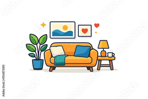 Home decoration ideas focused on cozy modern living with a small vignette of sofa, plant, and wall art arranged in a balanced composition, expressing comfort