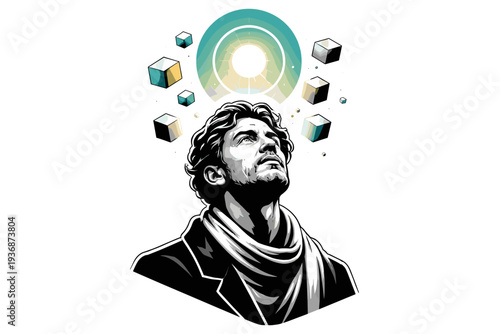 Stylized black and white bust of an artist or thinker looking upward, inspiration represented by floating geometric blocks and a glowing circular form in cyan
