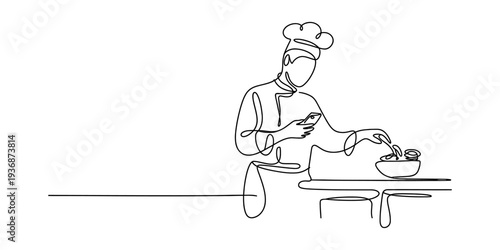 Chef cooking with smartphone, single line art illustration, minimalism