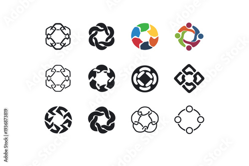 teamwork. Icon set. Set Logo of teamwork: linked chain circle. harmonious logo variations of the same emblematic concept, each with different