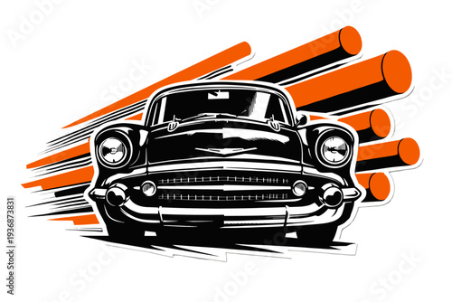 Black and white retro car front view cropped dramatically, overlapping bold orange diagonal streaks and cylindrical shapes stretching backward, repeated thin