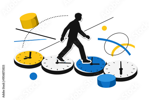 A black and white human silhouette walking across circular clock segments like stepping stones, cut-out collage look with white outline, intersecting cylinders