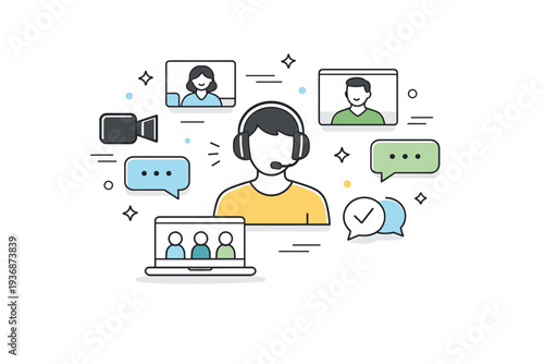 Video calls and conferencing. Abstract scene with camera icons, chat bubbles, and screens floating around a central figure. Concept of digital connection and