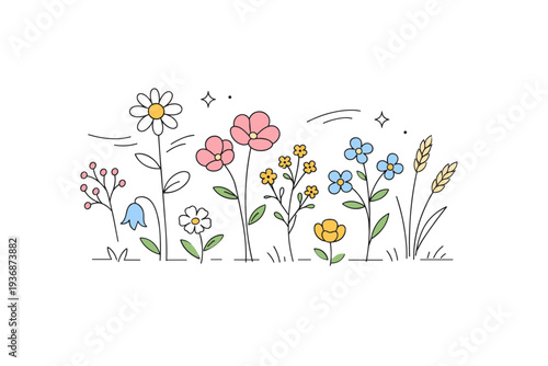 Wild spring flowers. An airy editorial composition of simple wildflowers growing freely, expressing natural beauty and lightness. Open space feeling, subtle