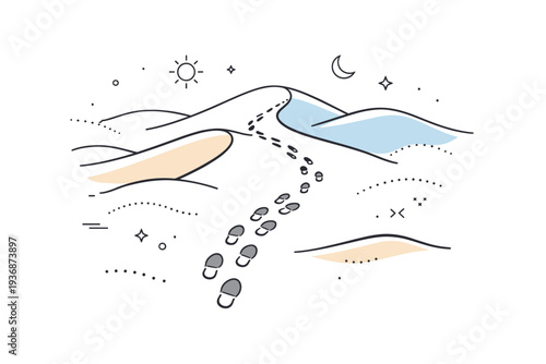 Footprints on desert dunes. Single trail of footprints winds across soft sand dunes, abstract decorative dots and lines highlighting solitude, calm