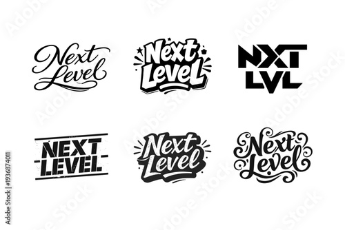 Next Level. Set lettering. harmonious lettering variations of the same emblematic concept, each with different artistic interpretation (Elegant script with