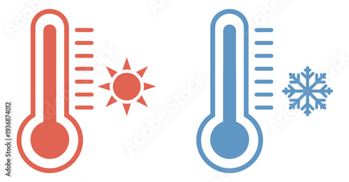 Hot and Cold Thermometer Icon Set Vector Design Representing Temperature Extremes for Weather Forecast, Science Learning and Digital Projects