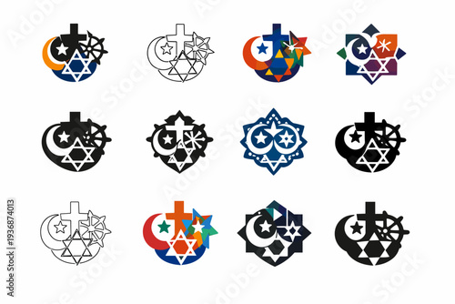 The history and impact of religious movements. Icon set. Set Logo of the history and impact of religious movements: interfaith symbol fusion. harmonious logo
