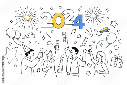 New Year?s Eve. People celebrating with raised glasses as fireworks burst above, feeling of joy and new beginnings. Floating numbers of the new year and