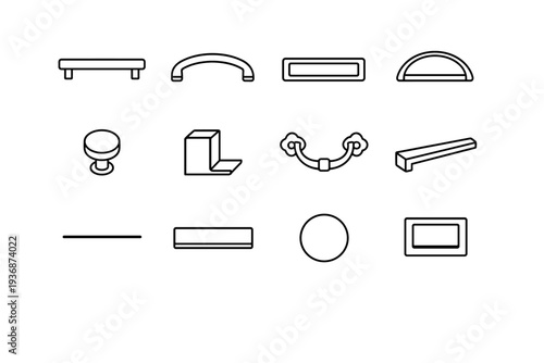 Drawer Handle. Line icon set of Drawer Handle: straight bar handle, curved handle, recessed handle, cup pull handle, knob handle, edge pull handle, vintage