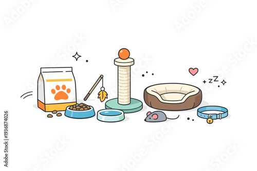 Cat accessories. A clean editorial scene presenting minimal cat accessories arranged neatly on a white surface. Calm pet care and everyday comfort, with subtle