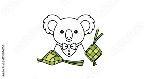 Koala with ketupat and rice cake in tuxedo