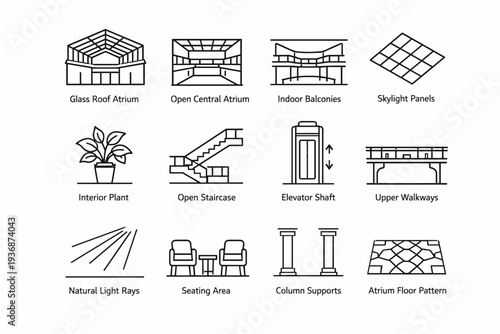 Open Atrium. Line icon set of Open Atrium: glass roof atrium, central open space, indoor balconies, skylight panels, interior plants, open staircases, elevator