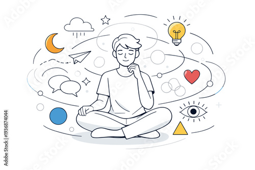 Solitude and reflection inner world. Person surrounded by soft circles, lines, and symbols representing thoughts. Abstract calm scene showing self-awareness