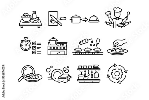 Kitchen Workflow. Line icon set of Kitchen Workflow: prep station, chopping board, cooking sequence arrows, multitasking cook, coordinated timing, stove and