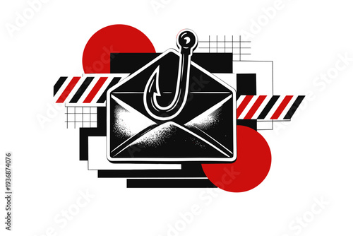 Retro black and white envelope with a phishing hook symbol emerging from it, white outline cut-out effect, surrounded by geometric red circles, diagonal
