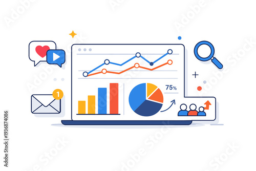 Digital marketer analytics screen highlighting multi channel strategy, combining small icons for social, search and email with unified charts to convey