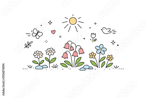 Spring wildflowers. A gentle scene showing small wildflowers blooming after winter. Calm renewal and seasonal change, with subtle sun rays and decorative plant