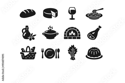 European Food Traditions. Solid icon set of European Food Traditions: bread loaf, cheese wheel, wine glass, pasta plate, olive oil bottle, soup tureen, bakery