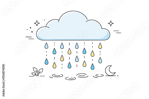Rainy weather condition. A calm editorial scene with a cloud and falling rain drops, expressing quiet atmosphere and slow rhythm. Soft curves, gentle
