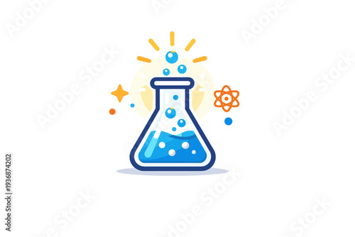 Chemistry flasks expressing discovery moment shown through a flask with a subtle glow and rising bubbles, suggesting breakthrough and insight. A compact visual