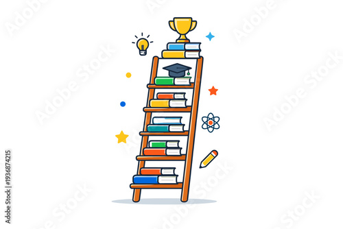 Knowledge growth ladder focused on education milestones shown by a ladder with small book icons on each step, conveying structured learning, consistency, and