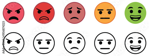 Two satisfaction scales with colorful smileys buttons, featuring happy, sad, and neutral faces, perfect for feedback, customer reviews, rating systems