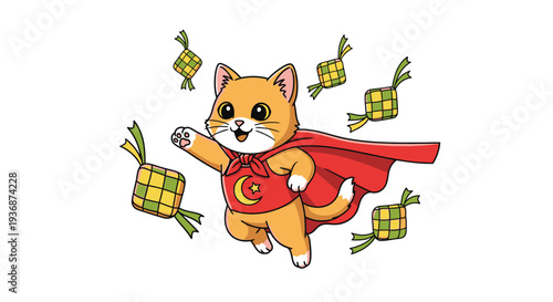 Cute Cat Superhero with Cape and Wrapped Snack Treats in Flight