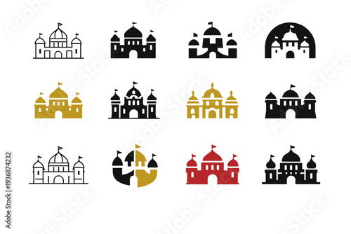 Palace. Icon set. Set Logo of palace: royal palace facade. harmonious logo variations of the same emblematic concept, each with different artistic