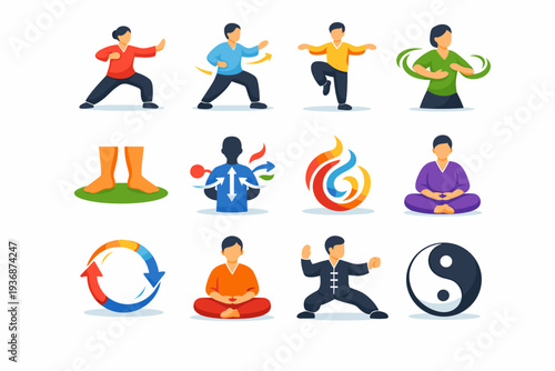 Tai Chi Practice. Colorful flat vector icons set of Tai Chi Practice: tai chi pose, slow movement, balance stance, flowing arms, grounded feet, breathing