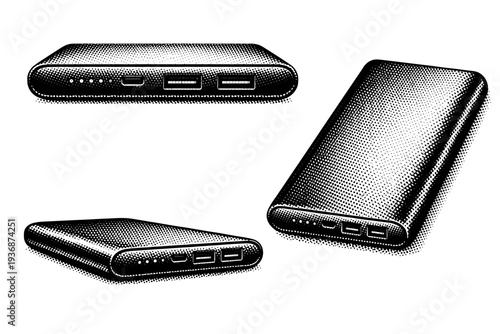 Power bank ? slim rectangular power bank. A realistic slim rectangular power bank shown as the same object in three different views, focusing on smooth casing,