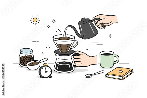Morning coffee preparation. A tidy editorial scene showing hands brewing coffee with a simple coffee maker or pour-over, conveying focus and mindful routine.