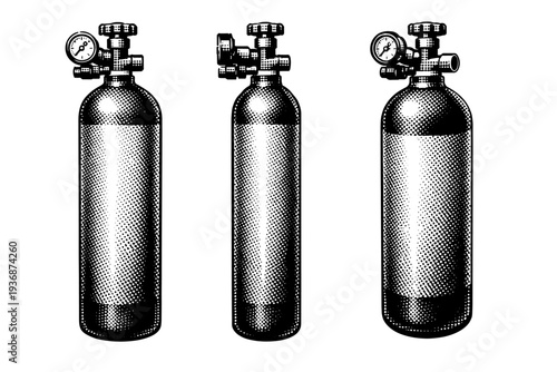 Oxygen tank cylinder, realistic pressurized oxygen tank with smooth cylindrical body and rounded base shown from front view, side view, and three-quarter angle