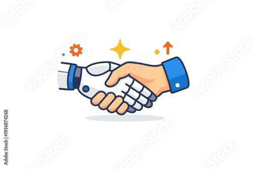 Human robot collaboration illustrated by a robotic hand and human hand meeting with a subtle star, expressing trust assistance and shared progress. Minimalist