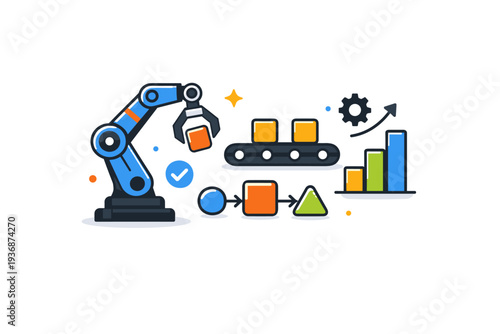 Industrial robotics development represented through engineering logic and efficiency. A modern editorial-style scene where a robot arm interacts with abstract