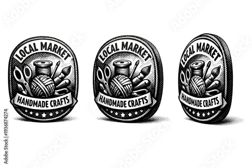 Local market badge ? handmade crafts market emblem. A handmade crafts market badge shown as one object in three different views focusing on handcrafted