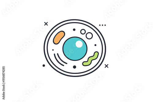 Cell biology icon. A simple biological cell symbol with nucleus and internal shapes kept abstract and clean. The mood feels educational, neutral, and