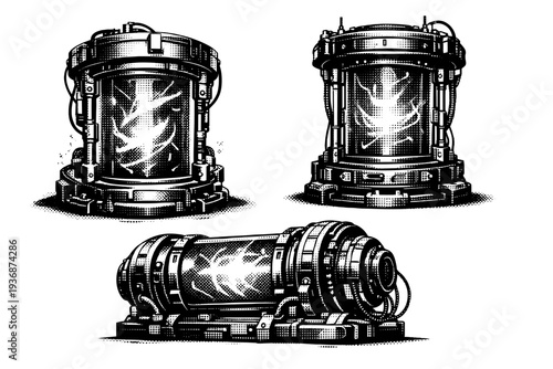 Time machine energy chamber. A cylindrical time machine energy chamber shown as a single object in three viewpoints emphasizing containment structure, volume,