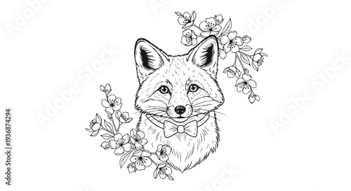 Fox head with floral wreath and bow